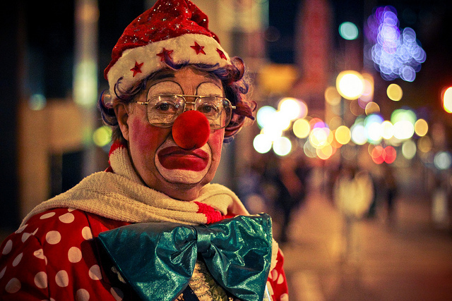 Photographer Shawn Tron says this clown is frowning because "the bus driver wouldn't stop for him."